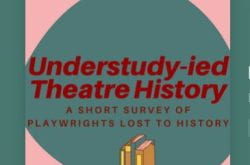 pink and green logo for Understudy-ied Theatre History, with an illustration of a row of books