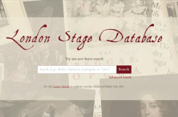 Red script reading "London Stage Database" on a sepia-toned background collage of archival images depicting18th-century playwrights, actors, performances, and audiences.