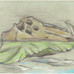 A drawing in pastel crayon colors showing a shape that is part green leaf and part brown animal skull
