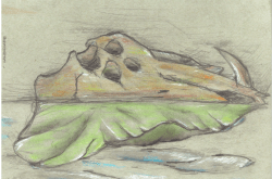 A drawing in pastel crayon colors showing a shape that is part green leaf and part brown animal skull