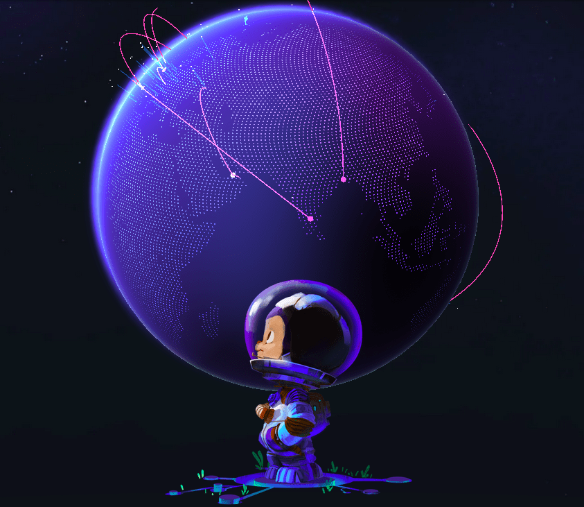 bear in a space suit in front of blue earth with pink lines connecting cities