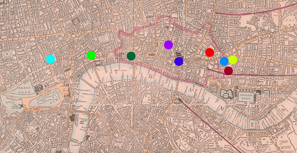 Text: Map of Victorian London with colored stickers indicating elements from the soundscape map.