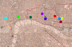 Text: Map of Victorian London with colored stickers indicating elements from the soundscape map.