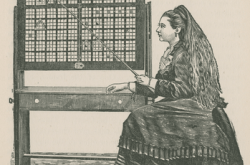 A nineteenth century drawing showing a woman in a long dress pointing to a blackboard with a grid
