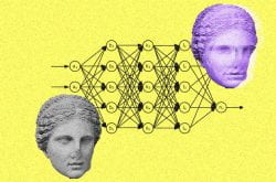 stylized graphic of a network diagram overlaid with grayscale and duotone images of a Classical statue